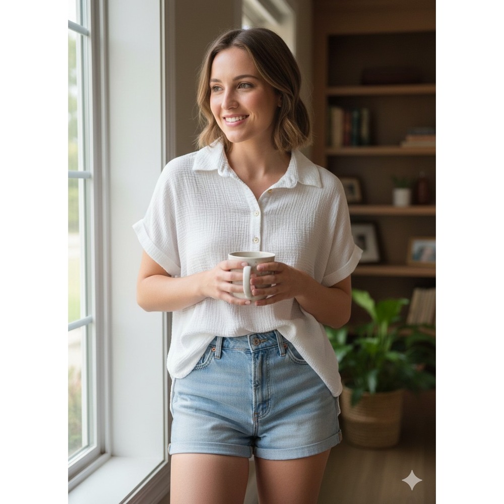 MINE Women's M White Textured Blouse Shirt Top Cap Sleeve Button Neck RN#104403